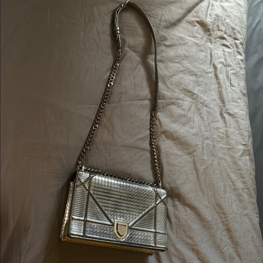 Dior Silver Crossbody Bag with Chain Strap and Flap Closure
